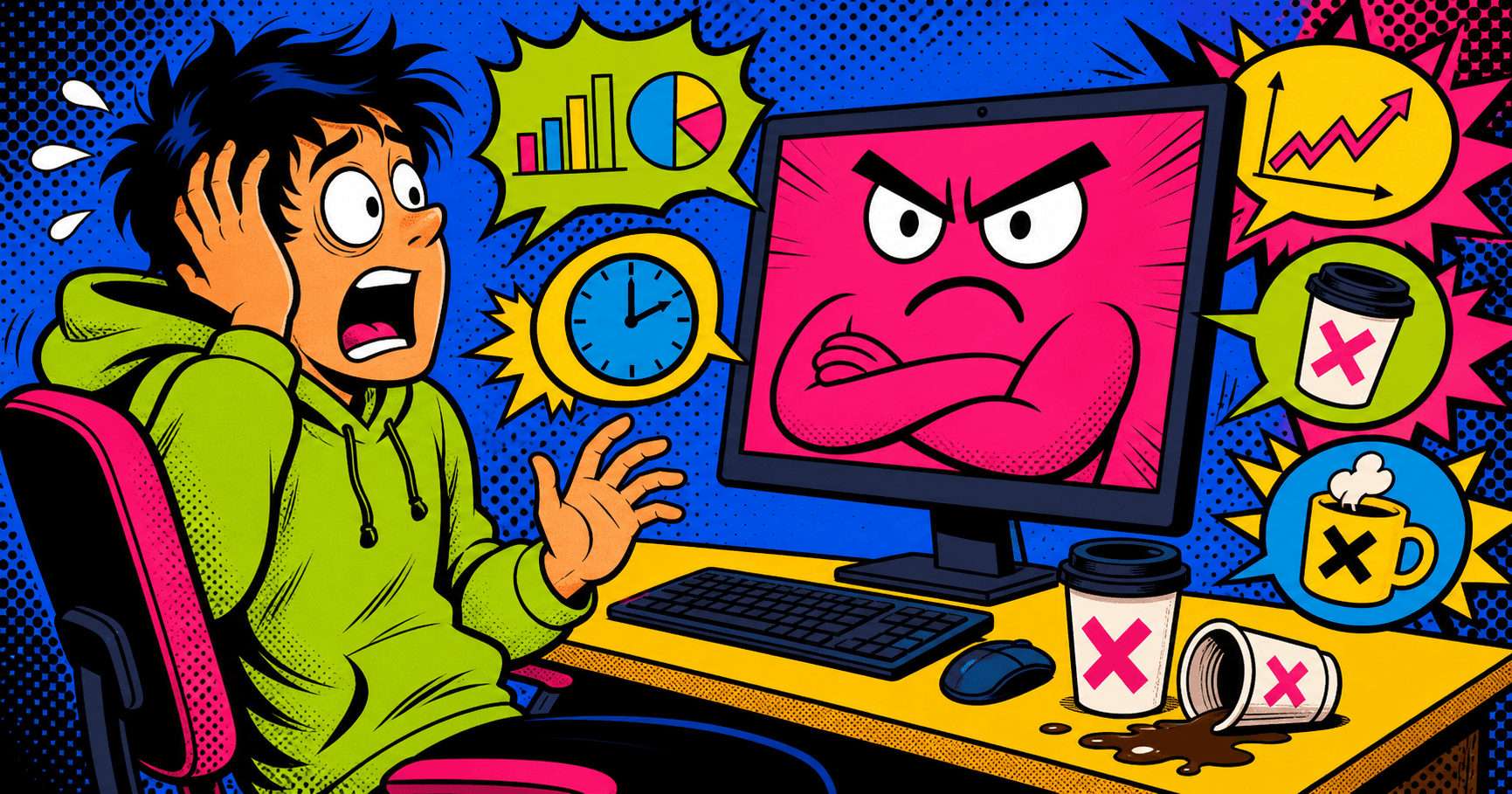 Cartoon person looking shocked at judgmental computer monitor with colorful speech bubbles