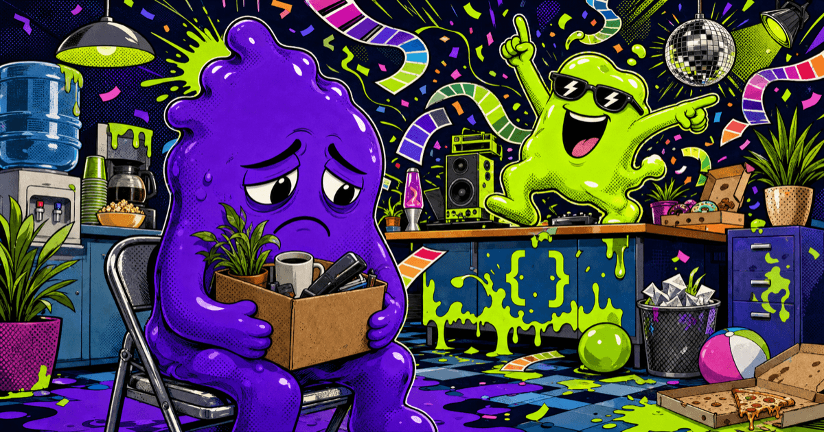 Cartoon purple hex code blob clutching a desk box while a lime green blob parties behind him