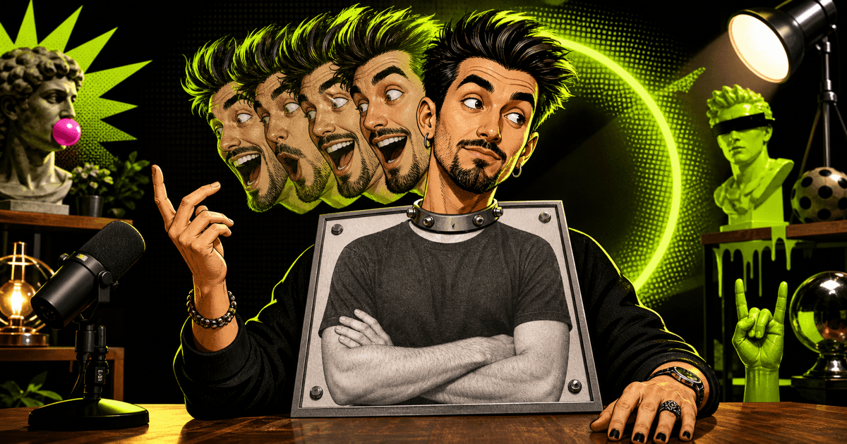 Cartoon influencer with a swiveling head bolted onto a frozen photographic torso, lime green studio