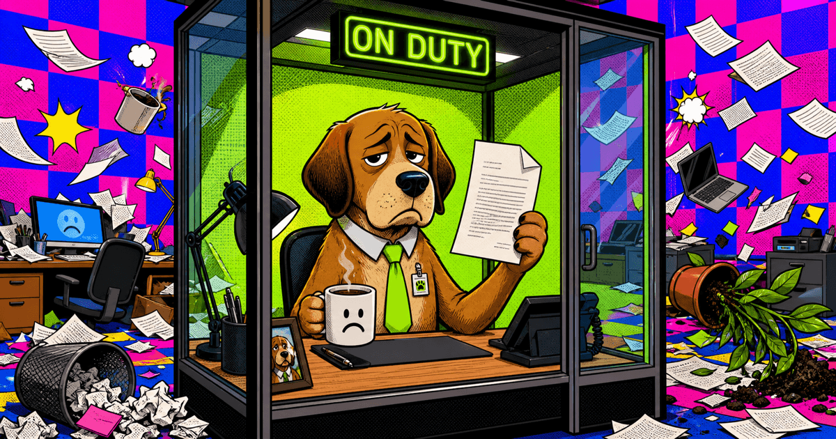 Cartoon watchdog at a desk inside a glass booth holding a resignation letter