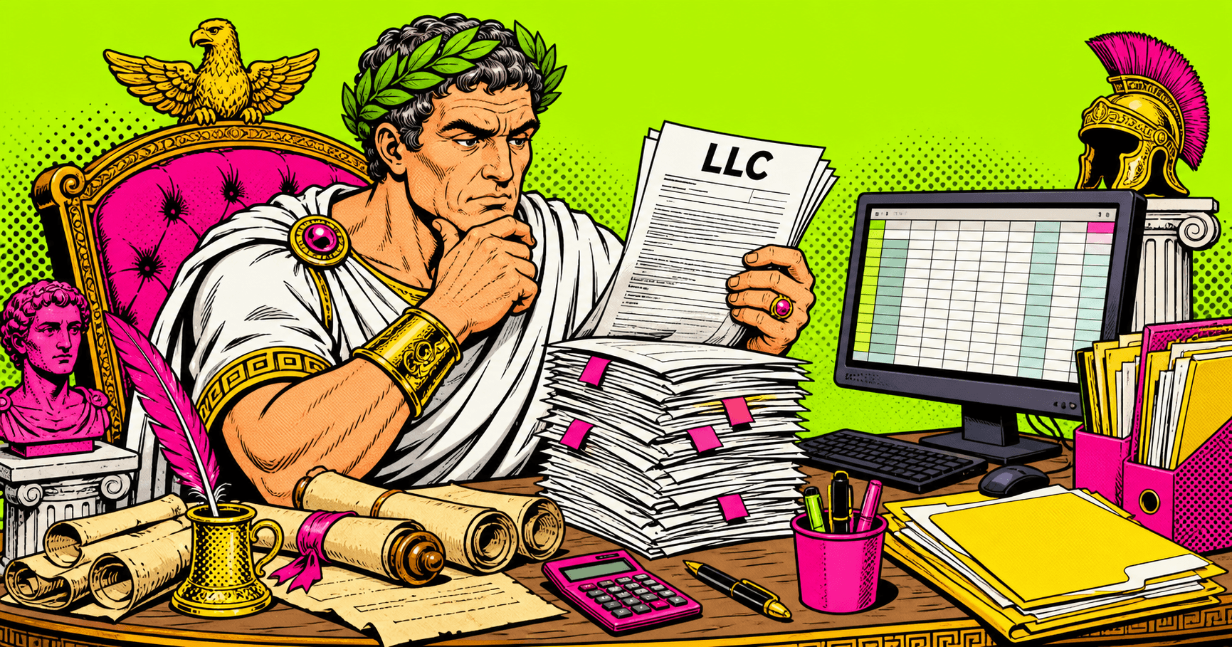 Pop-art Roman emperor in toga and laurel crown reviewing modern LLC paperwork at a desk