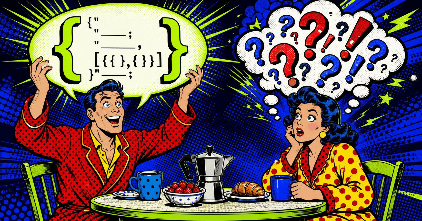 Pop-art cartoon couple at a breakfast table with a glowing JSON speech bubble and a question-mark thought bubble
