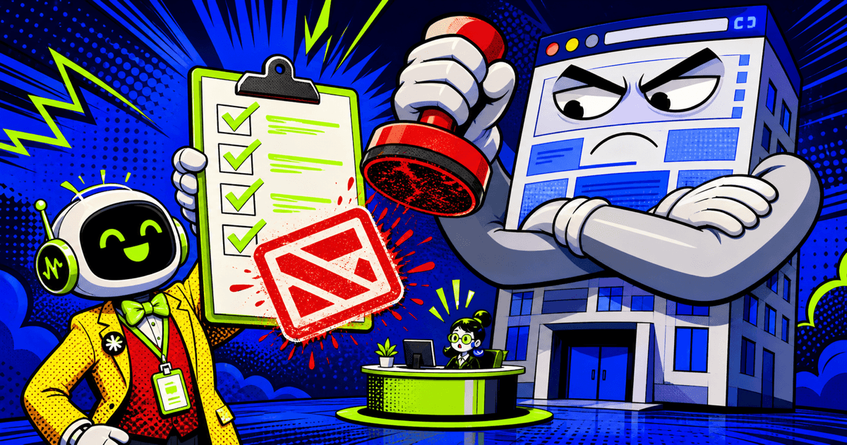 Pop-art cartoon AI auditor with a clipboard of green checkmarks being denied at the reception desk of a giant cartoon website