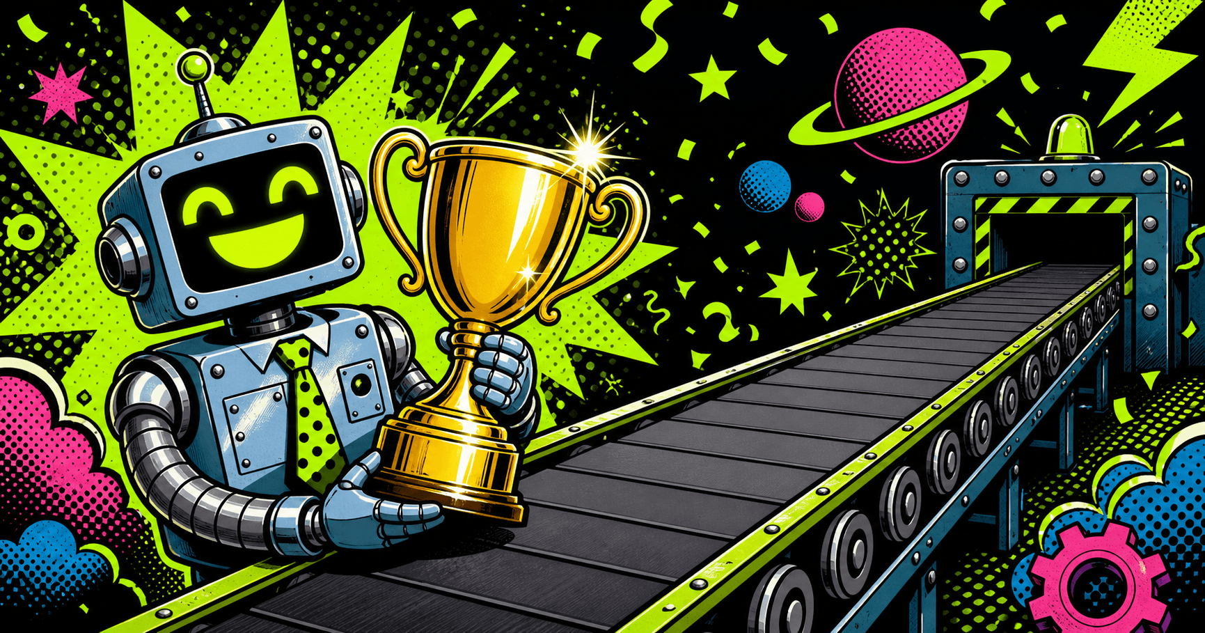 Cheerful cartoon robot holding an attendance trophy beside an empty conveyor belt