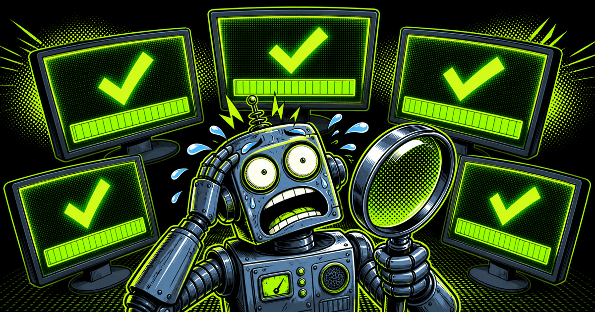 An anxious pop-art cartoon robot clutching a magnifying glass, surrounded by five glowing monitors that all display bright green checkmarks and full green health bars, lime-green accents against a dark background