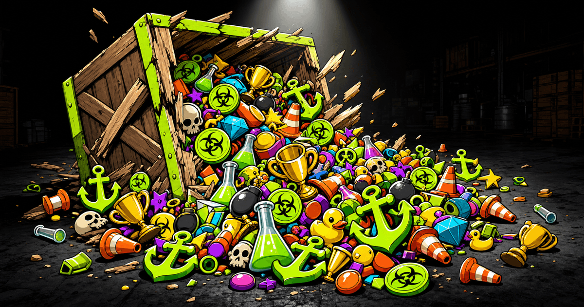 A burst crate spilling hundreds of bright cartoon icons like seized contraband