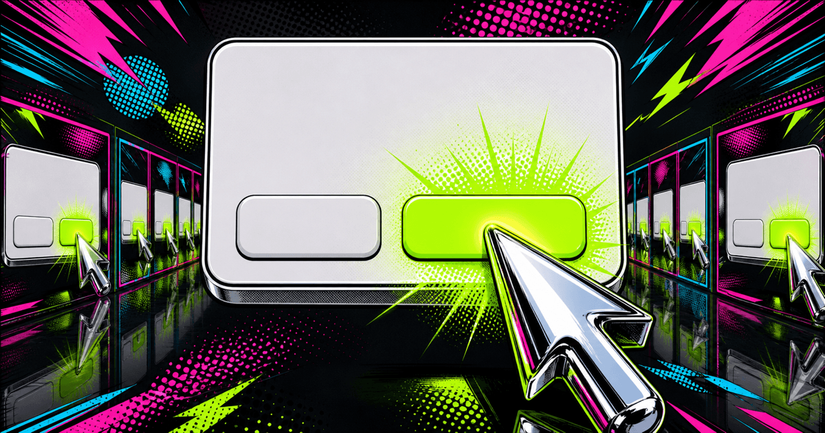 Giant cartoon permission dialog with glowing lime green button clicked by chrome cursor, mirrored endlessly