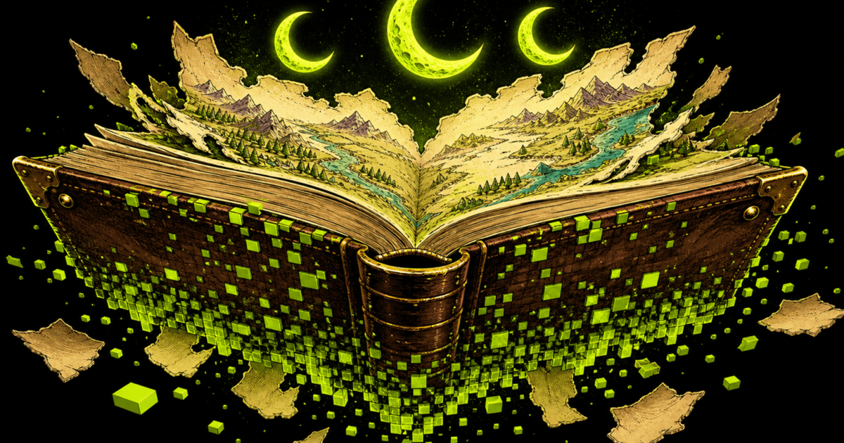 Open fantasy lore book dissolving into lime-green pixels, map and three moons spilling out