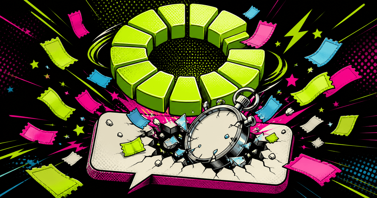 Giant lime green loading spinner with shattered stopwatch and scattered paper queue tickets