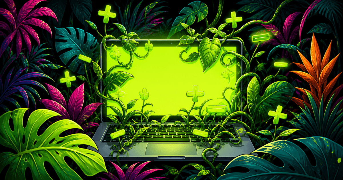 Laptop overgrown with glowing lime-green jungle vines against a dark background