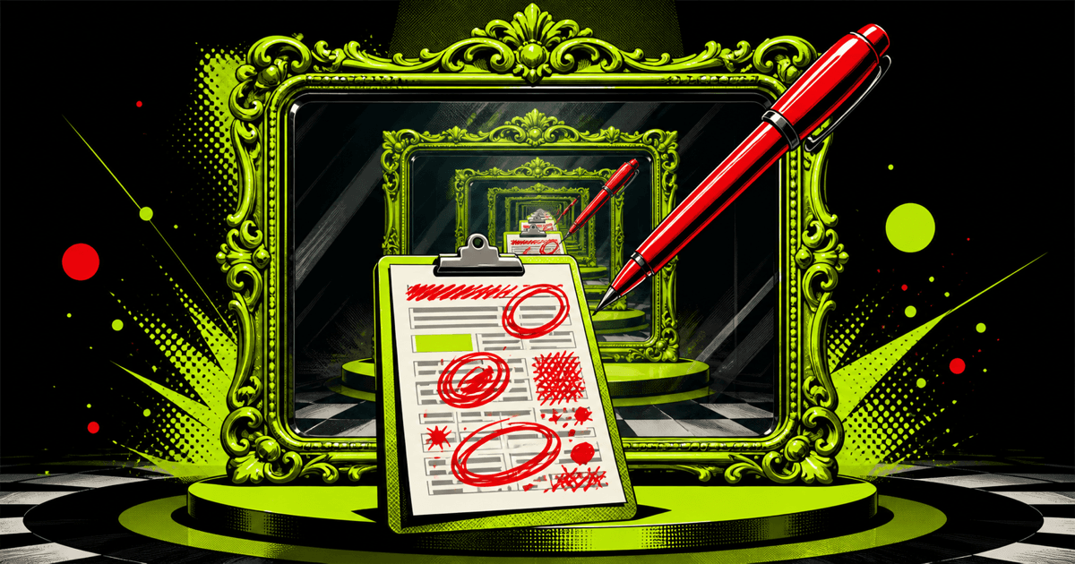 Red-marked review clipboard reflected endlessly in a mirror beneath a floating pen