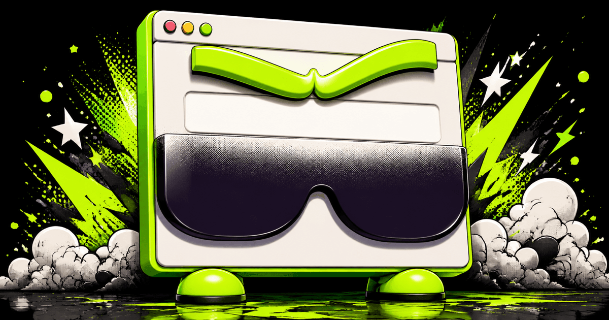 Cartoon browser window with a lime-green eyebrow, dark scrim sunglasses, and tiny feet