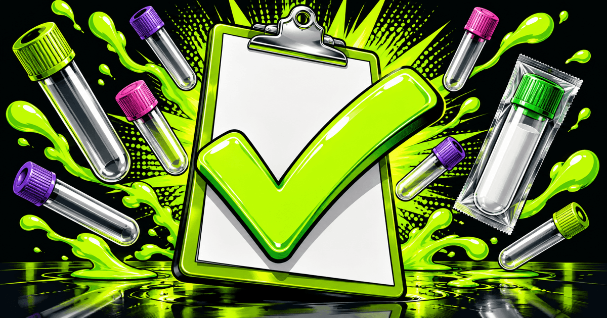 Lime-green check mark over a blank lab report clipboard with empty blood tubes