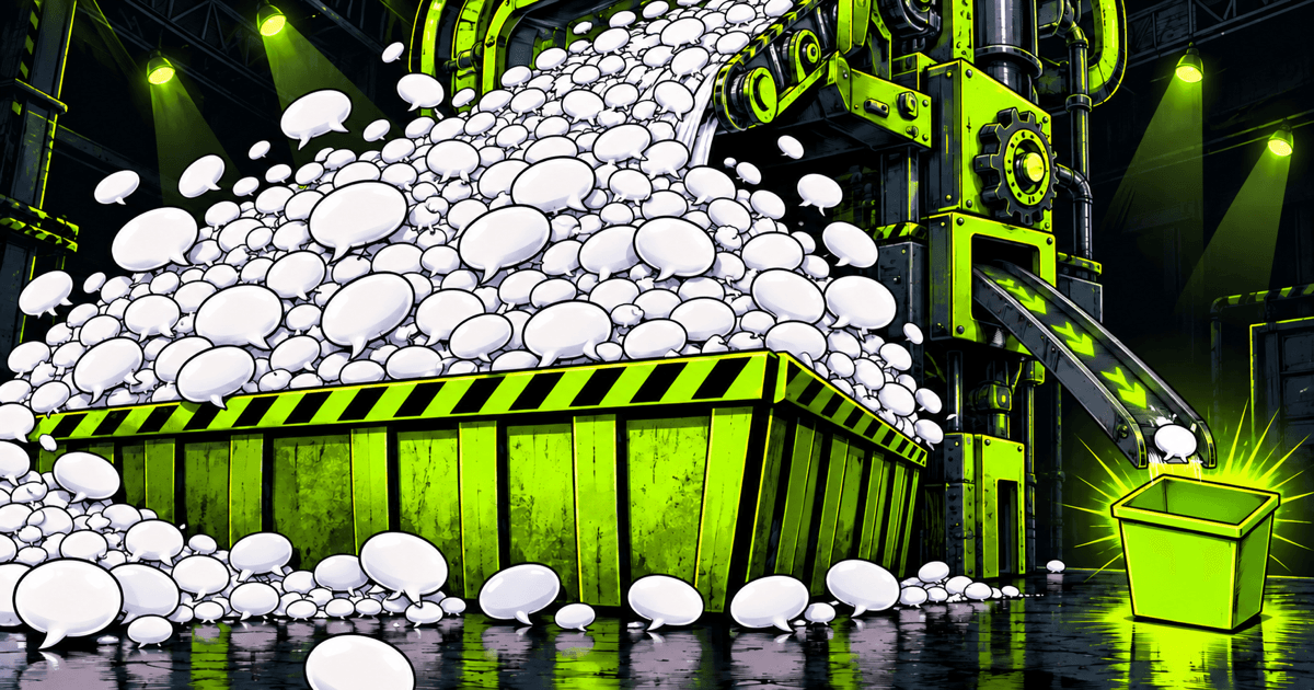 Conveyor sorting thousands of speech bubbles, one lone bubble diverted into a lime bin