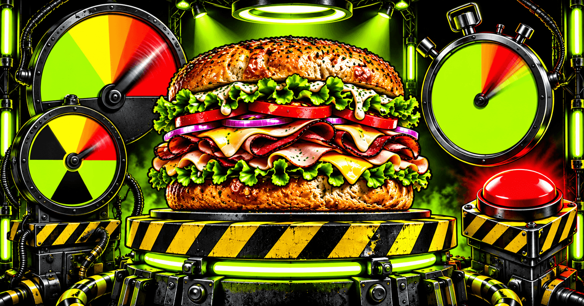 Sandwich on a pedestal ringed by oversized hazard gauges, panic button and stopwatch