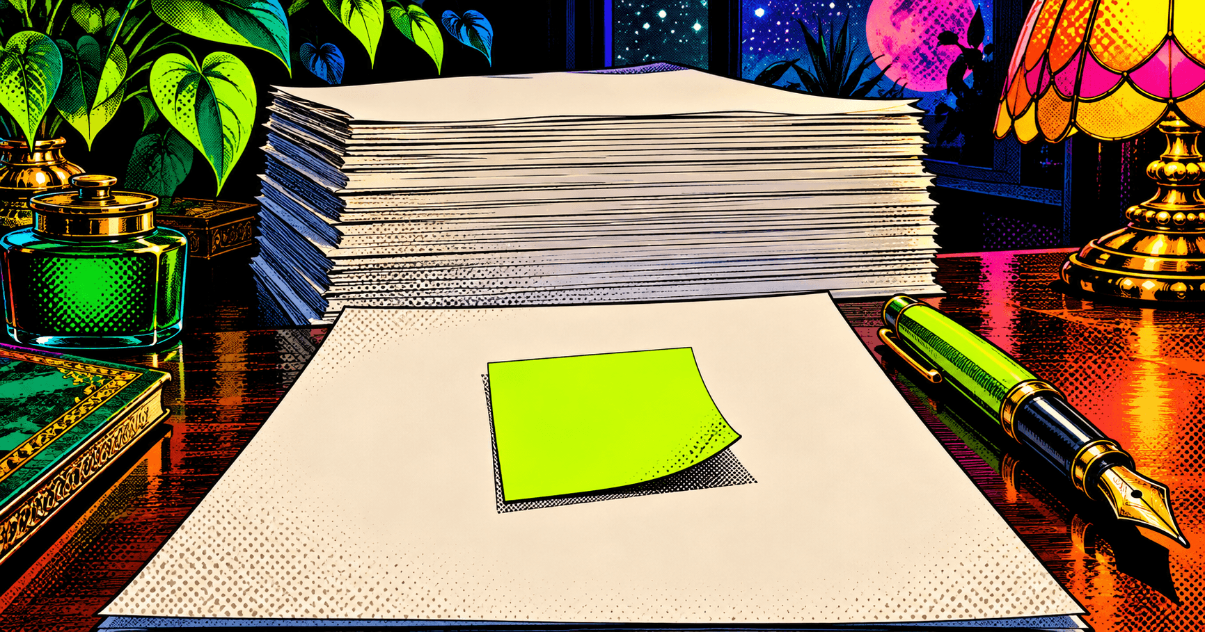 Lime green sticky note on a blank manuscript stack beside a fountain pen