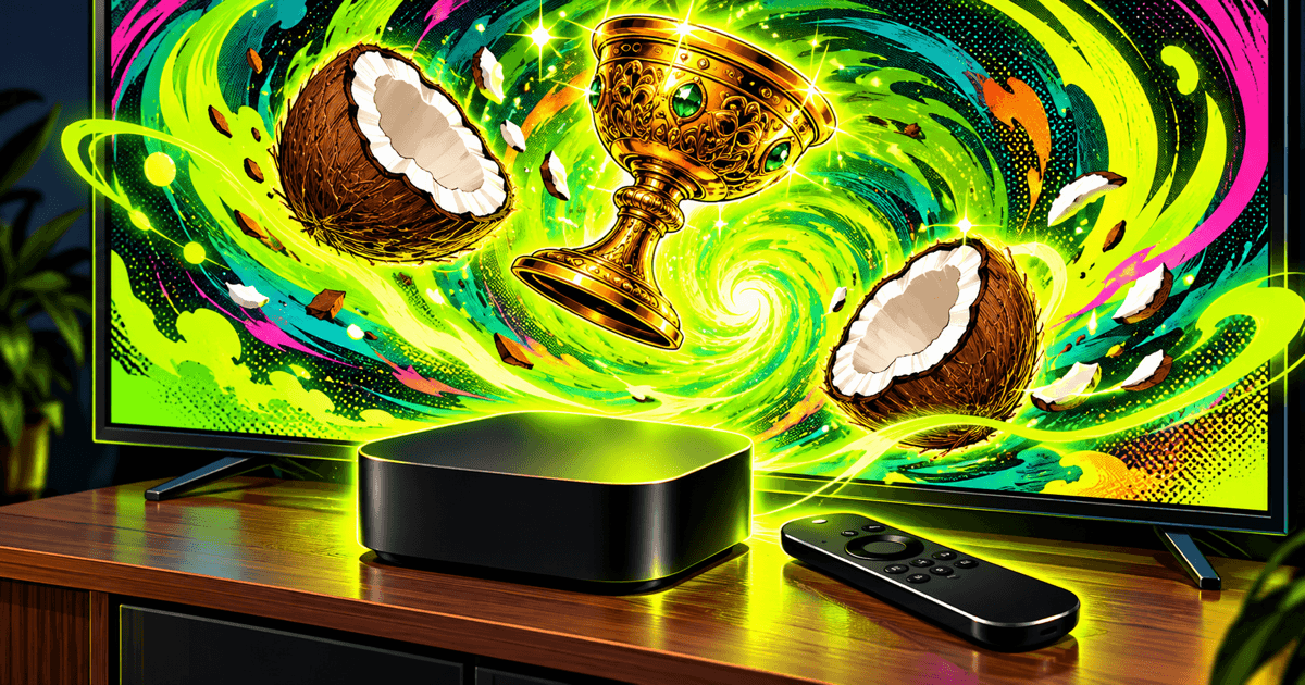 Golden chalice and coconut halves swirling into a TV above an Apple TV box